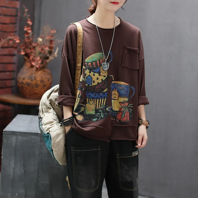 Осенняя футболка Женская Ретро свободные пуловеры большого размера 2019 новые