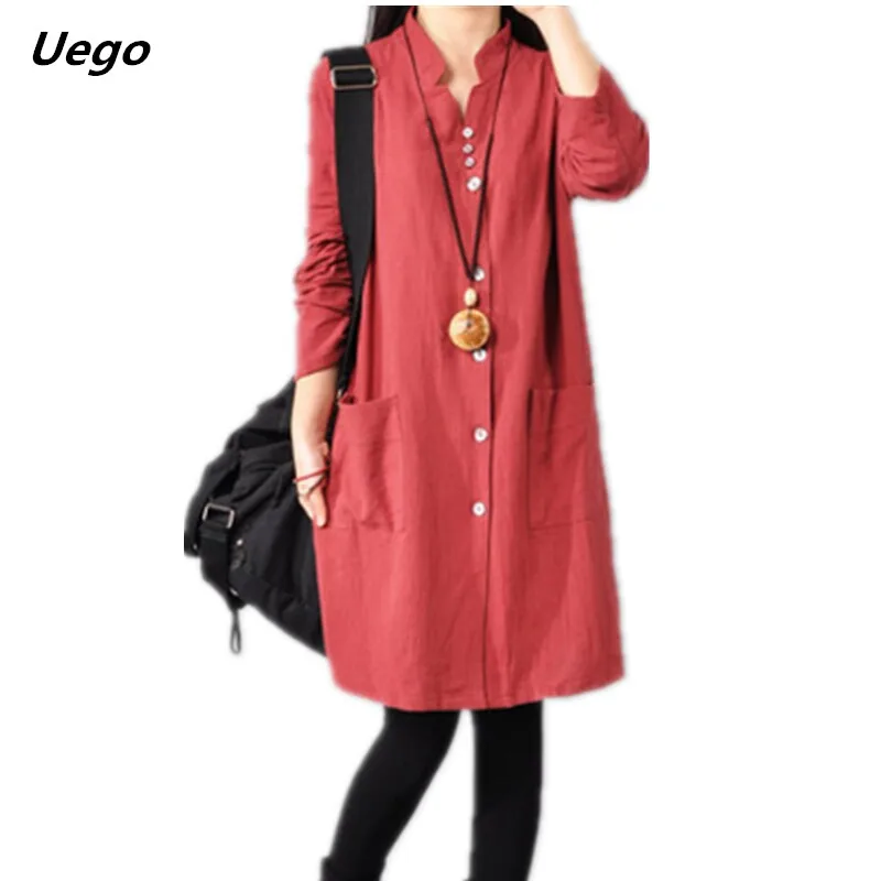 Платье-рубашка женское из хлопка и льна с V-образным вырезом карманами | Женская