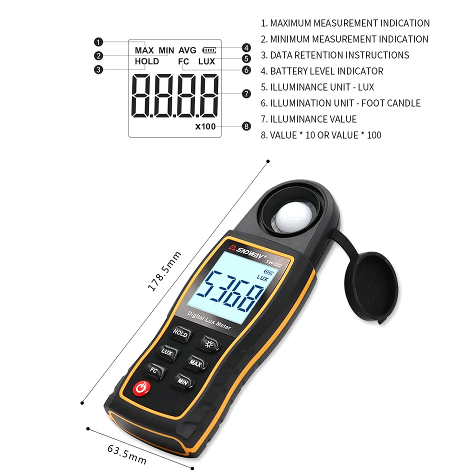SW582 цифровой измеритель освещенности Высокоточный дисплей ручной фонарь тест HD с