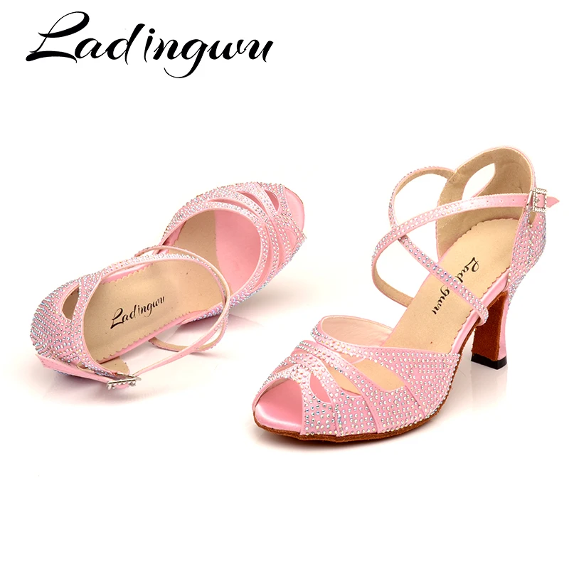 Ladingwu Rhinestone Dance Shoes Latin Salsa Girls Dark Green Light Gradient Women Pink Small mouth | Спорт и развлечения