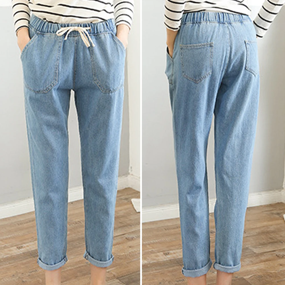 

Womens Korean Drawstring High Waist Jeans Straight Leg Pockets Loose Elastic