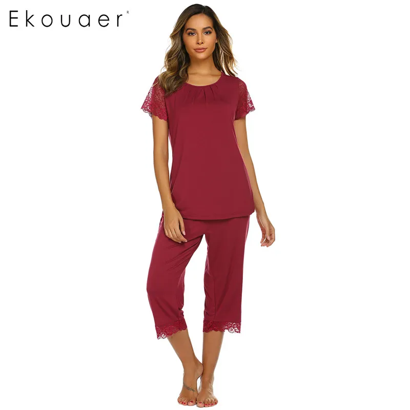 wine red Ekouaer, женская пижама, пижама, набор, чистый цвет, круглый вырез, короткий рукав, кружево, пэчворк, вискоза, пижама, Летнее белье, пижама - Цвет: wine red