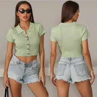 jiak sexy women button knitted short sleeve korean style ribbed summer crop top clothes t shirt vintage t shirt womans clothing