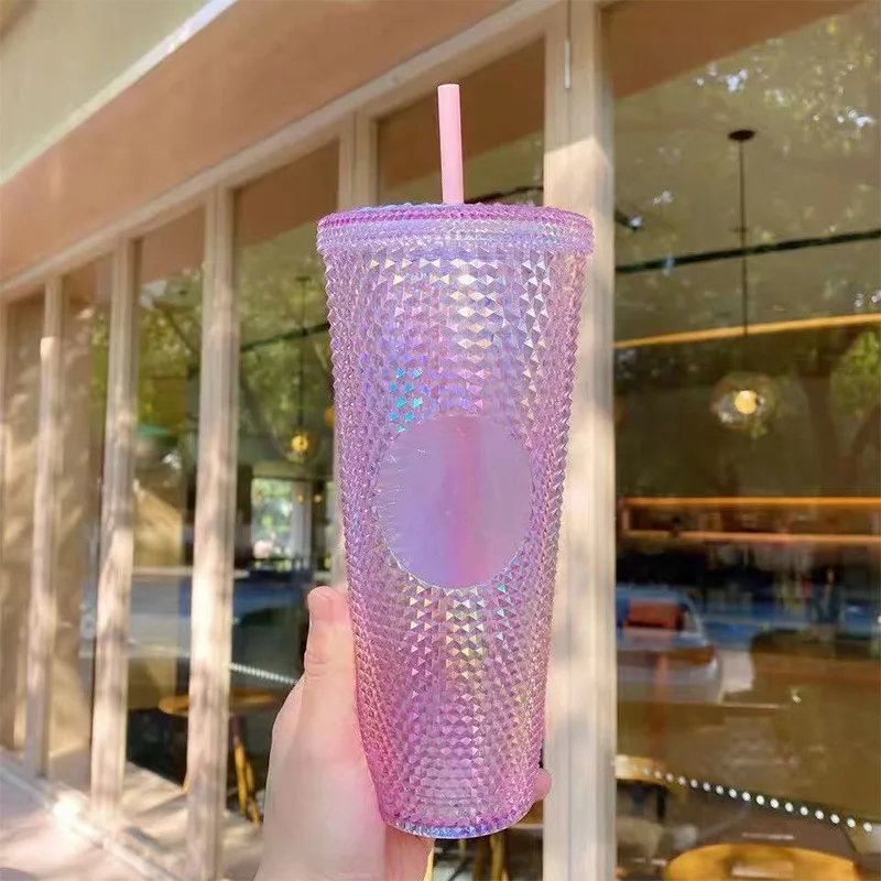 710ml Coffee Cup Cold Water Mug Tumbler with Logo Double Layer Transparent Plastic Creative Straw | Дом и сад