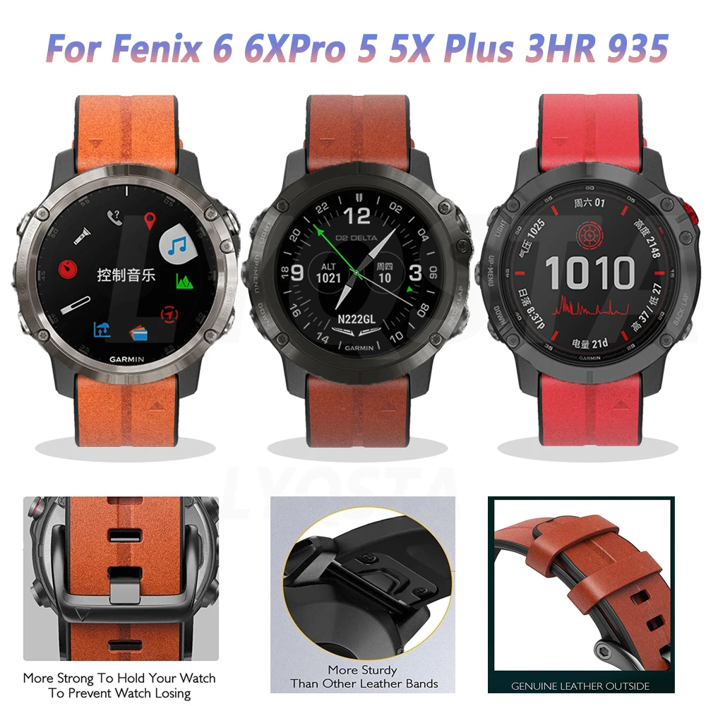 

22mm 26mm Leather Strap For Garmin Fenix 6 6X Pro 5 5X Plus 935 3 HR D2 MK2 Replacement Quick Release Silicone Watchband Correa