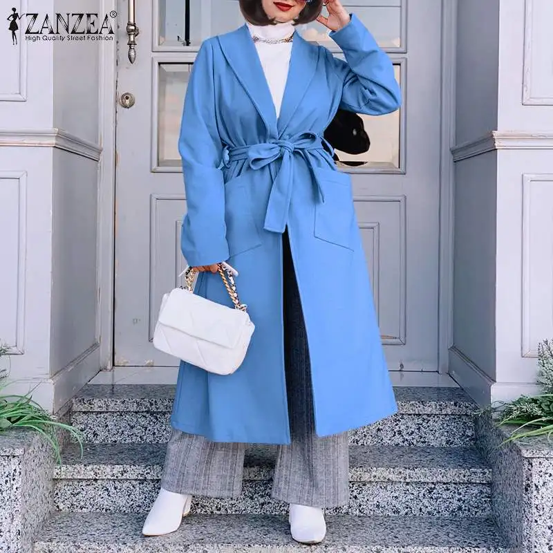 

Women's Fashion Solid Jackets ZANZEA Casual Open Front Trench Autumn Lapel Oversized Coats Female Cardigans Elegant Belt Outwear