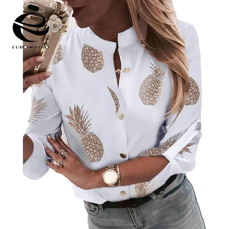Плюс размер 2XL Женские топы и блузки 2019 Осень Новые Длинные рукава V шеи ананас