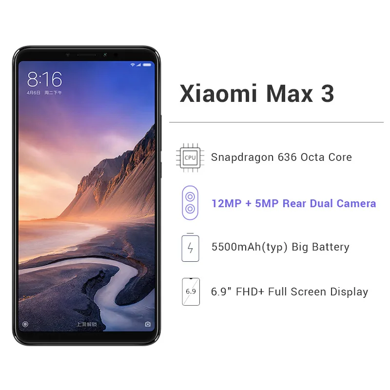 Xiaomi Mi Max 3 смартфон с 6 9 дюймовым дисплеем восьмиядерным процессором Snapdragon 636 ОЗУ 4
