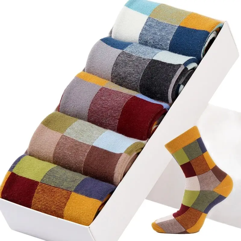 

5 Pairs/Lot Combed Cotton Men's Socks Compression Socks Fashion Colorful Square Happy Dress Socks Men Size 39-45