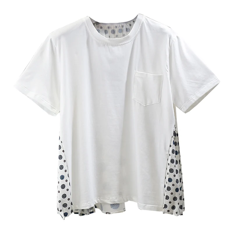 

2021 Summer New Korean Fashion Large and Small Polka Dot Pleated Stitching Casual Short-Sleeved T-shirt Loose Top for Women