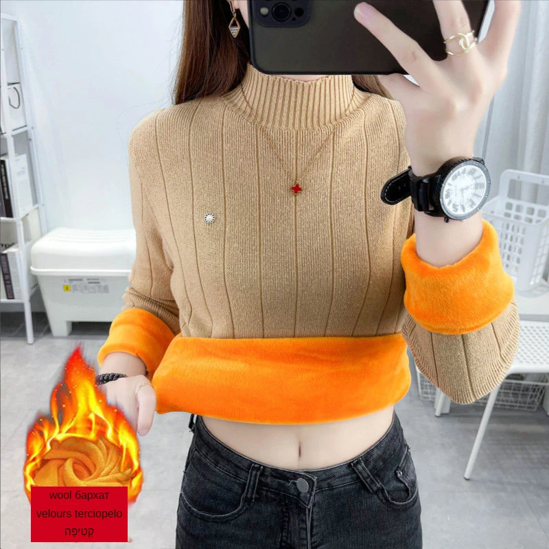 

Women Half Turtleneck Winter Warm Wool Sweaters Slim Short Fleece Base Solid Color Tight Pullover Knit Long Sleeve Sweaters New