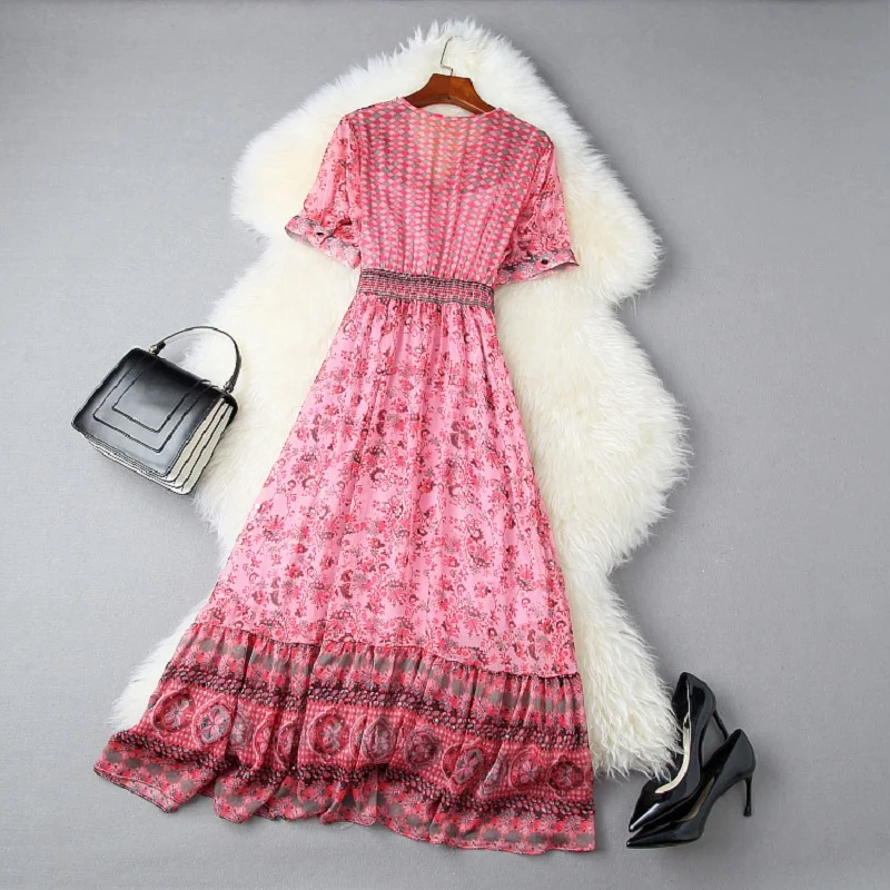 

new spring summer 2021 sexy Chiffon Dress Women dress xl womanliness Retro Printed V-neck with diamond bow Holiday party dresses