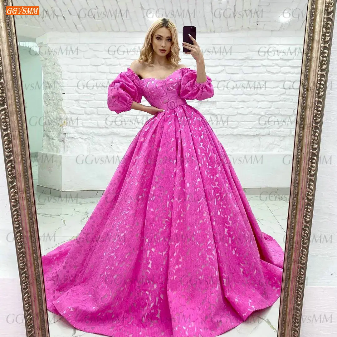

Elegant Fuchsia Lace Prom Dresses 2021 Vestido De Fiesta Largo Ball Gown Women Formal Dress Party 3/4 Sleeves Sexy Robes De Bal