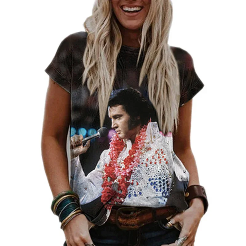 

2021 summer hot sale loose v-neck elvis print short sleeve pullover women's top t-shirt
