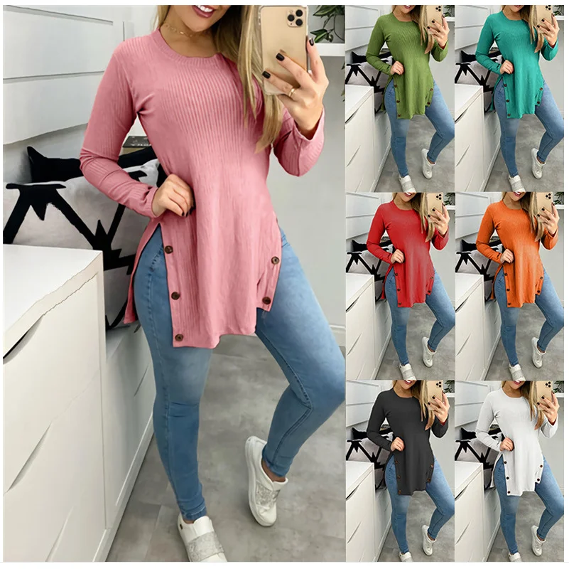 Women's Long Sleeve T-shirt 2022 Autumn Fashion Pit Strip Solid Color Round Neck Slit Button Tops Elegant Bottoming Top