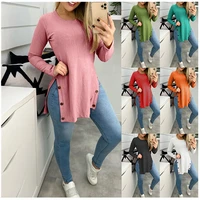 womens long sleeve t shirt 2022 autumn fashion pit strip solid color round neck slit button tops elegant bottoming top