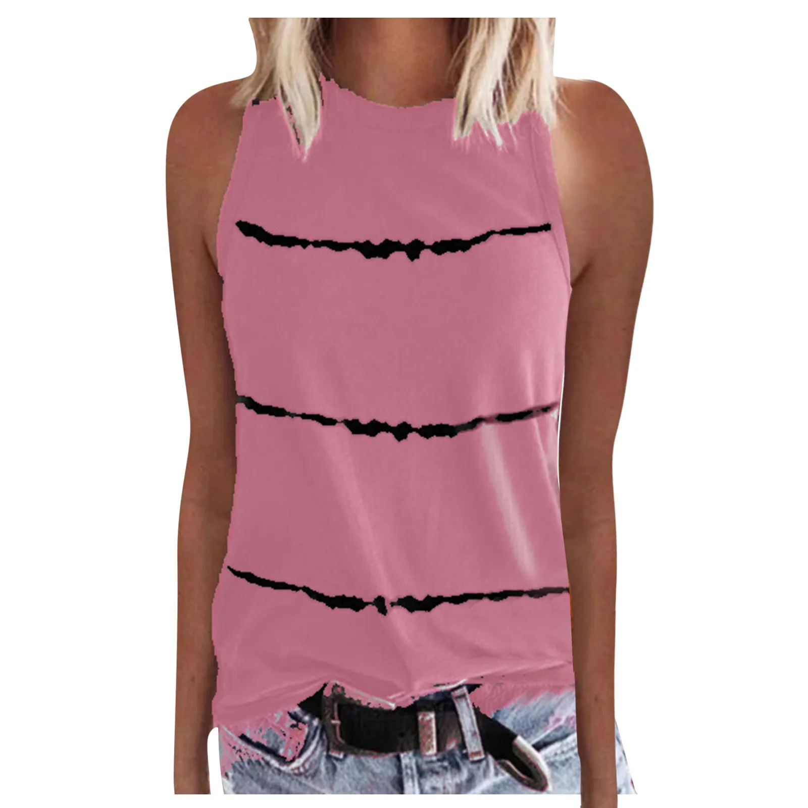 

40# Elegant Stripe Printed Shirt 2021 Vintage Round-neck Tank Tops Summer Shirt Casual Sleeveless Loose Blouse Blusas Mujer