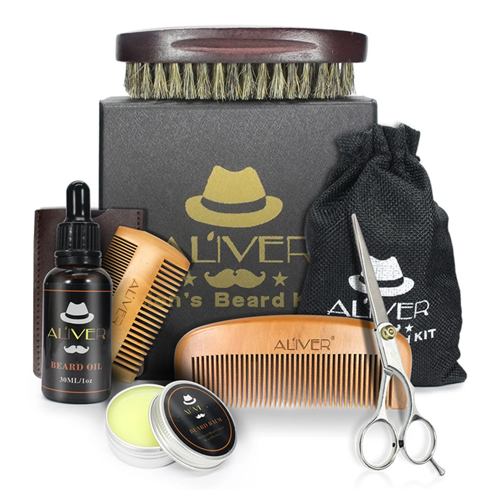 

Men Brush Grooming Styling Shaping Beard Care Kit Balm Growth Scissor Oil Set Trimming Comb 6pcs