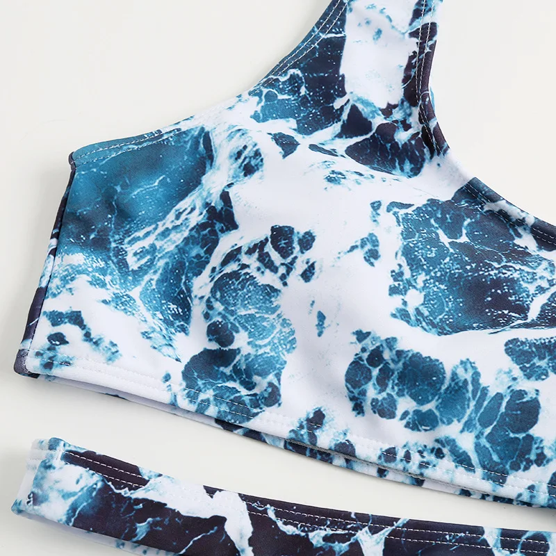 

High Waist Bikini 2020 Women Green Tie Dye Print Two Piece Swimsuit Hollow Out One Shoulder Bathing Suit Two Piece Swimwear