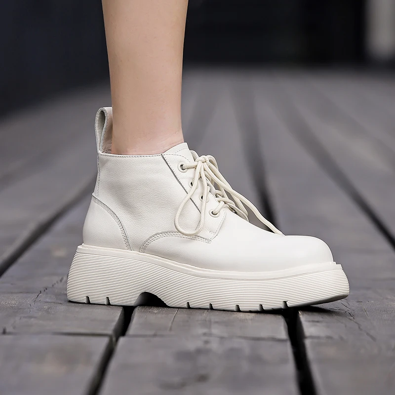 

Hot Genuine Leather Women Boots Fashion Lace-up Platform Boots Autumn Winter Round Toe Thick Heel ANKLE Boots White Women Shoes