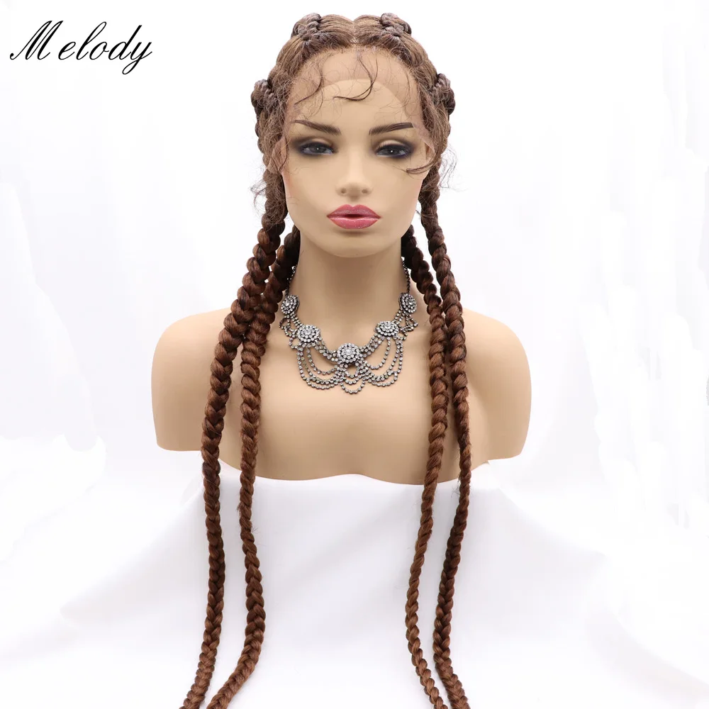 Long 4 Twist Braids Wine Red Synthetic 360 Full Lace Box Cornrow Braid Wig Add Human Weaving with Baby Hair for Black Women | Шиньоны и