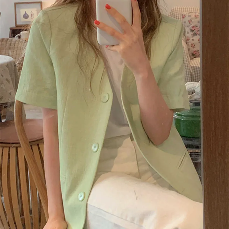 

Office Lady V-neck Basic Women Blazer Solid Double Breasted Jacket 2021 New Summer Minimalist Cotton Linen Suit Coat