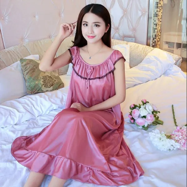 New Summer Short Sleeve Imitation Silk Nightdress Women's Lace Nightgown Lady Silk Home Clothes Thin Ice Silk Female Sleepwear