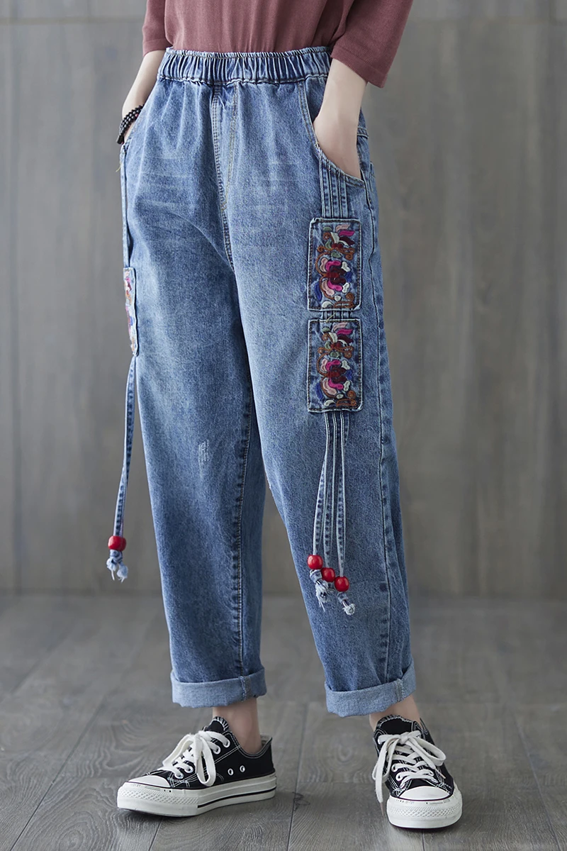 

Ladies Tassel Nine-point Harem Pants Jeans 2021 New Casual Fashion Retro Embroidery Loose Pants Sweet Style Splicing