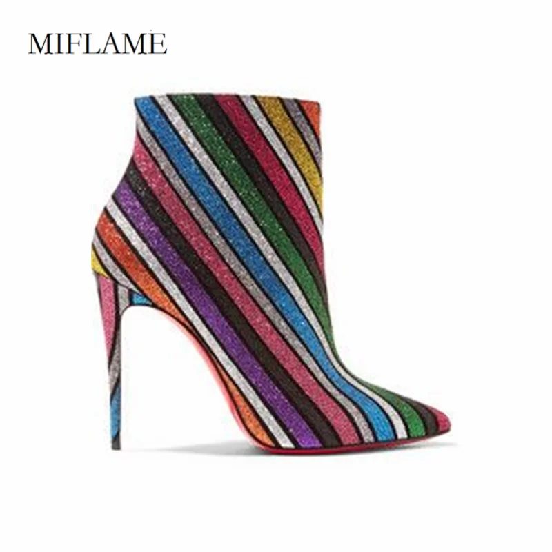 

Daily Leisure Shoes Auumn Women Party Pointed Toe Color Striped Thin Heel Ankle Boots Female Voguish Bling Stiletto Shoes 2020