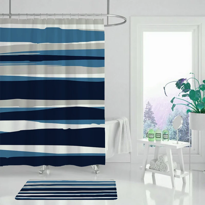 

Flower geometric plant shower curtain blue shower curtain bathroom decoration waterproof curtain set