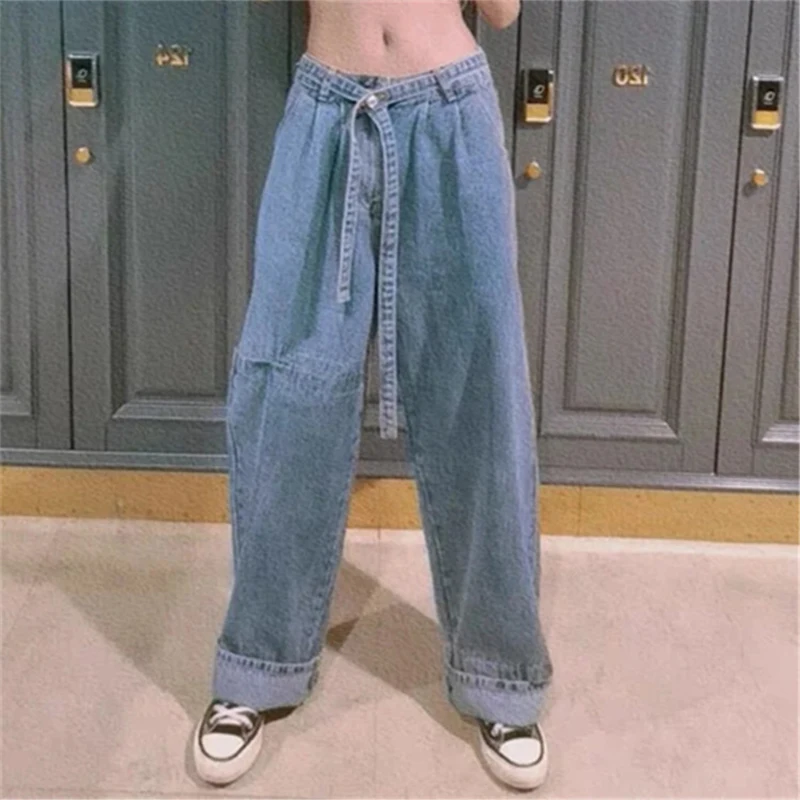 

2021 Street Handsome Denim Trousers Women's European and American Style Waistband Loose Fitting Wide Leg Chic Retro SlimPants