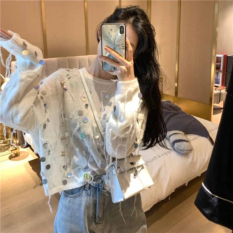 Fashion Knitting Sequins Women Mohair Sweater Tops 2019 Newest Autumn Womans Runway Pullovers Tassel Loose Short Sweaters | Женская