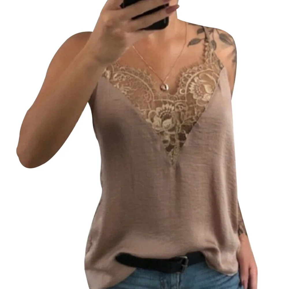 Women Lace Vest Strappy Sleeveless V Neck Loose Slim Fit Tank Tops for Summer KNG88 - Цвет: Хаки