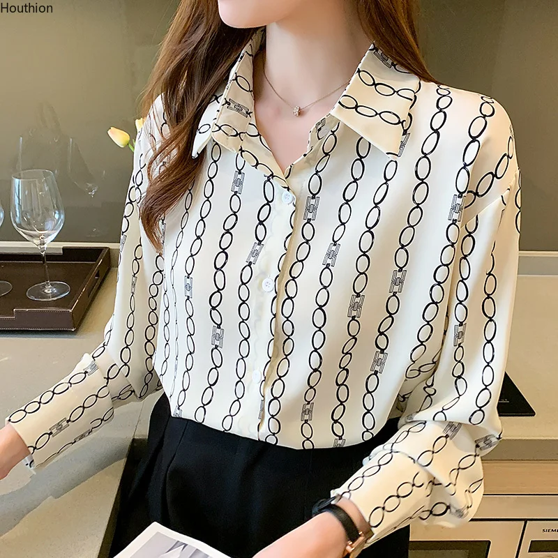 

Summer New Women's Blouses Polo Shirt Striped Print Chiffon Casual Fashion Loose Long Sleeve Top Houthion
