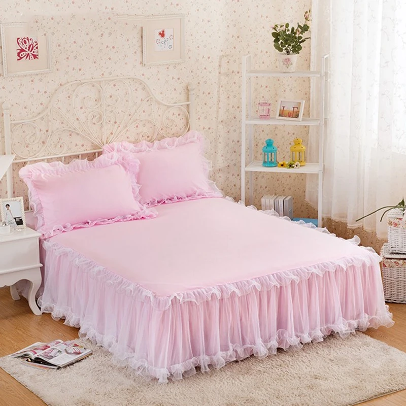 

Розовые кружевные постельные юбки с листьями лотоса, однотонное покрывало в стиле принцессы, покрывало на кровать, Нескользящие простыни б...