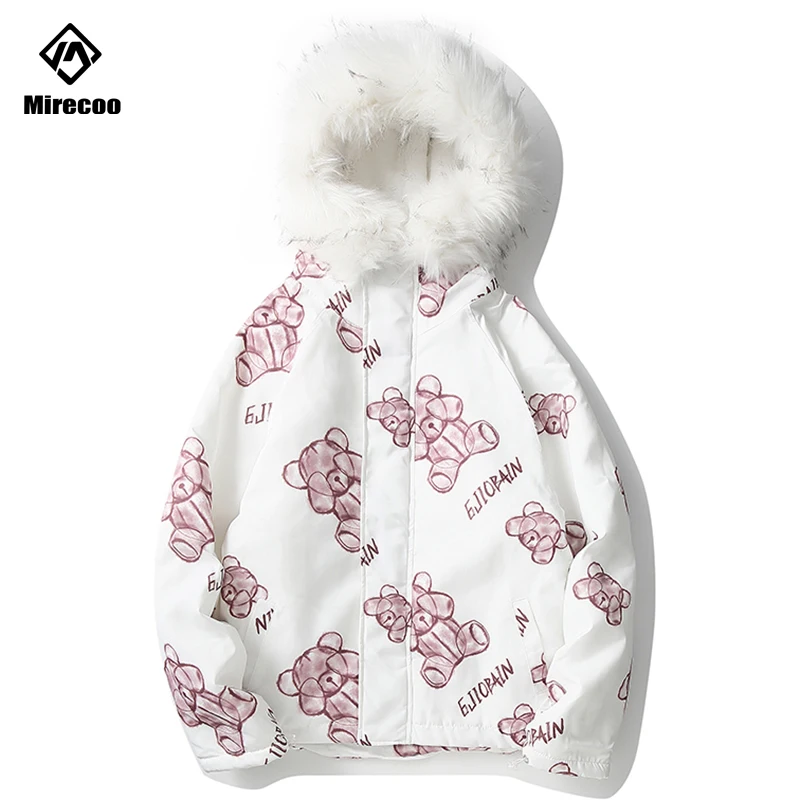 

Fur Collar Padded Parka Thick Cute Bear Print Harajuku Streetwear Men Windbreaker Hooded Hip Hop Winter Jacket Fashion Coat