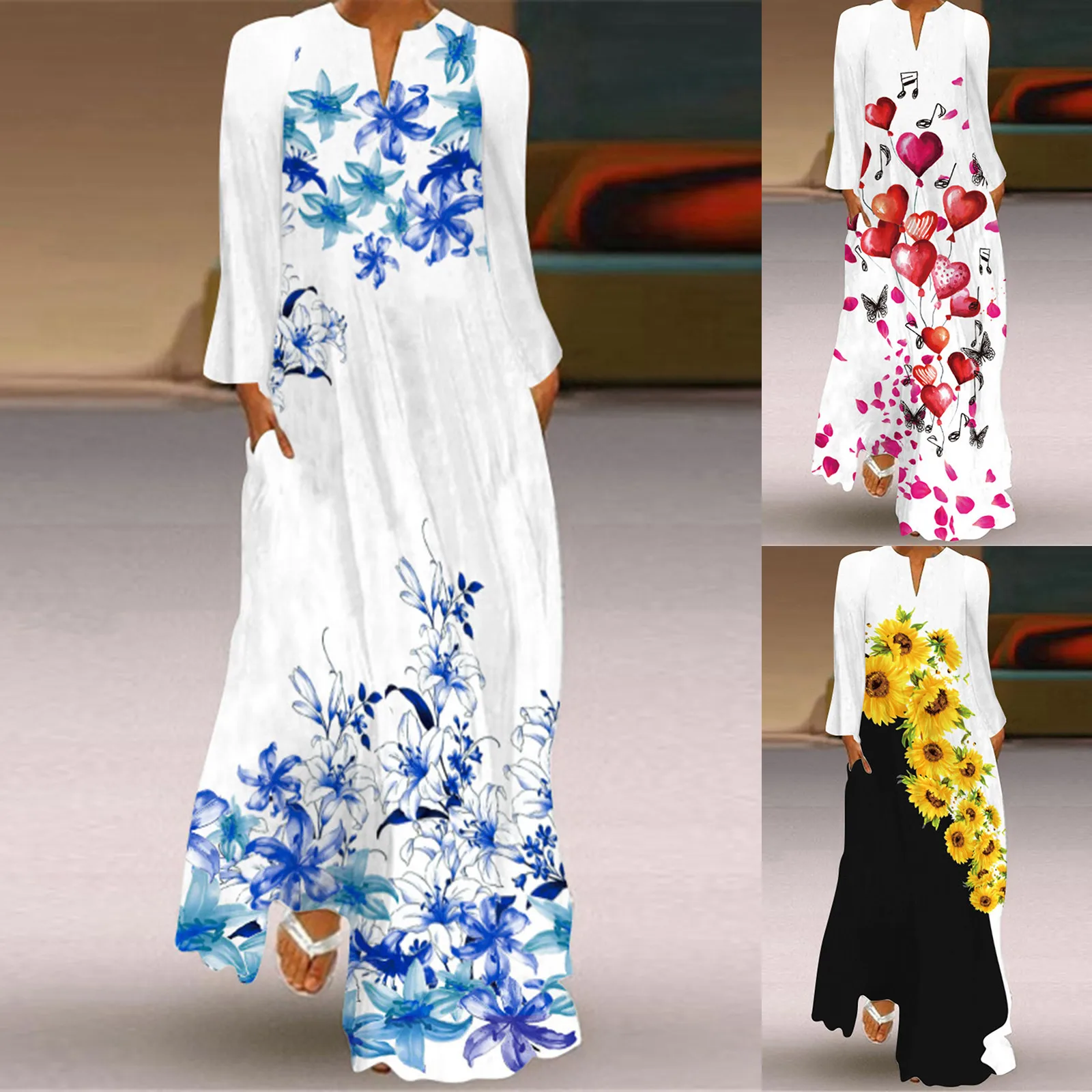 

Streetwear Long Dress Long Sleeve Print V-neck Maxi Dress Party Cami Dress Femme Robe Платье Plus Size Dress Women Clothes 712#Q
