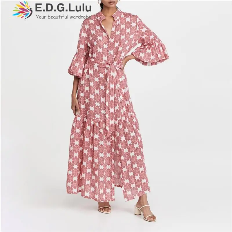 

Однобортное платье EDGLuLu с воротником-стойкой, расклешенными рукавами, розовое платье с принтом, повседневное длинное платье на шнуровке с в...