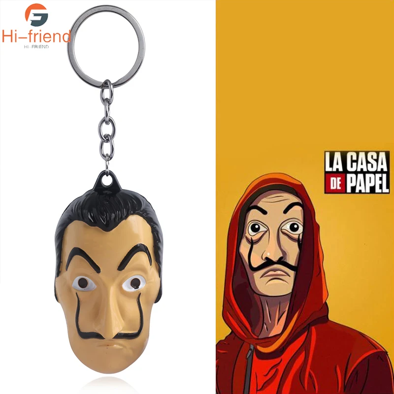 

La Casa De Papel Mask Keychain Money Heist The House of Paper Salvador Dali Mask Key Ring for Women Man Car Pendant Jewelry