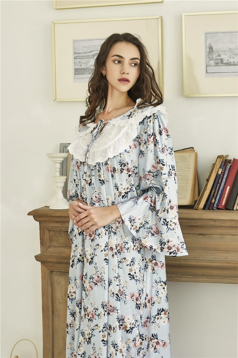 

Nightgown Long Dress Lady Flower Satin Long sleeve Sleepwear Women Romantic Loose Nightgown