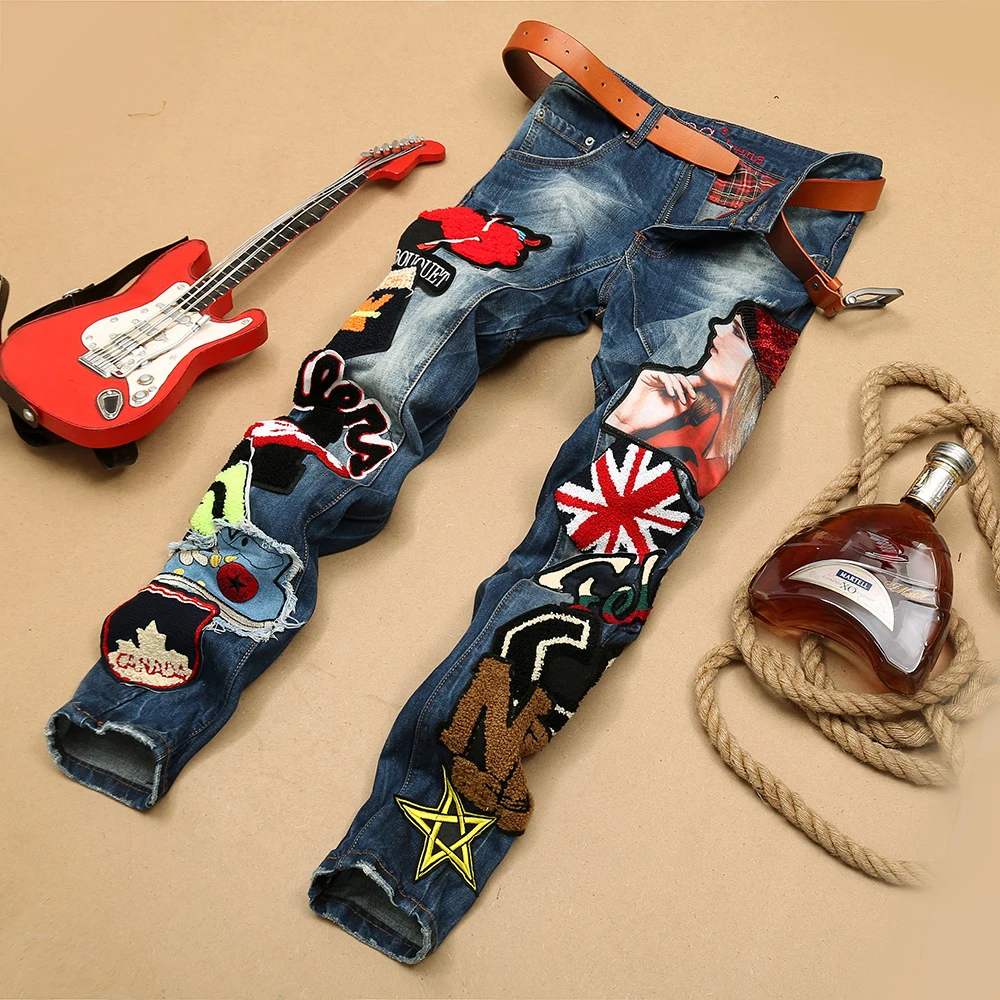 2018 New Men Jeans Runway Slim Racer Biker Fashion Hiphop Skinny For Sequins Lady Bage Embroidery Denim Pants | Мужская одежда