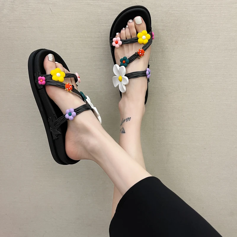 

Shoes Woman 2021 Med Slippers Flat Luxury Slides Flower Pantofle Designer Rubber New Fabric PU Floral Fashion Female Shoes Slipp