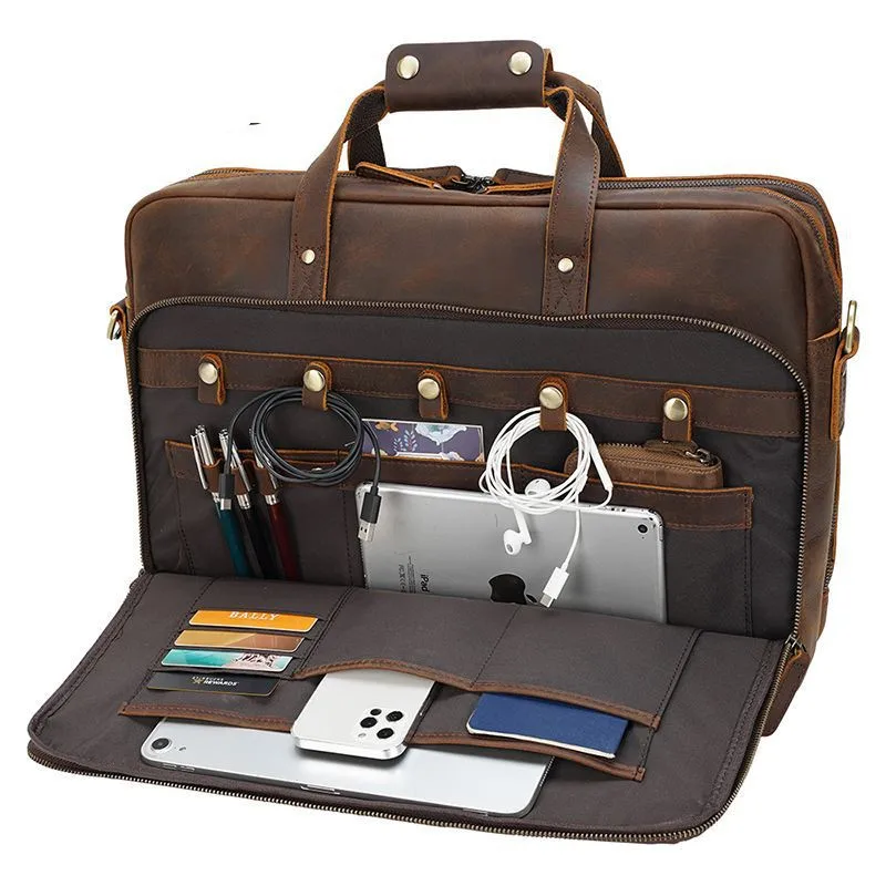 European and American retro leather handbags men's multi-function shoulder diagonal bag large capacity business briefcase men