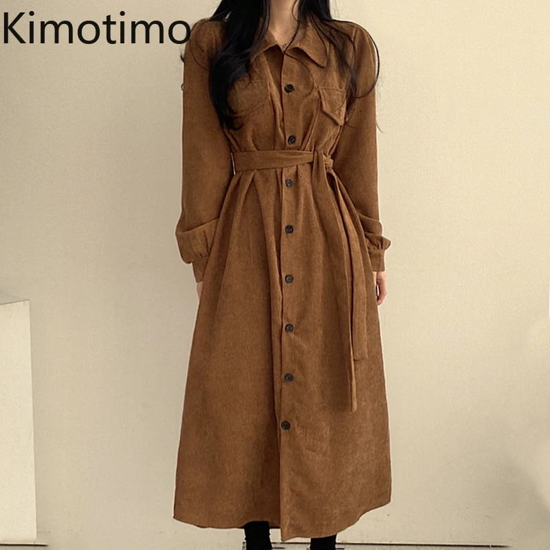 

Винтажное вельветовое платье Kimotimo, женские корейские шикарные осенне-зимние однобортные длинные платья с отложным воротником и поясом