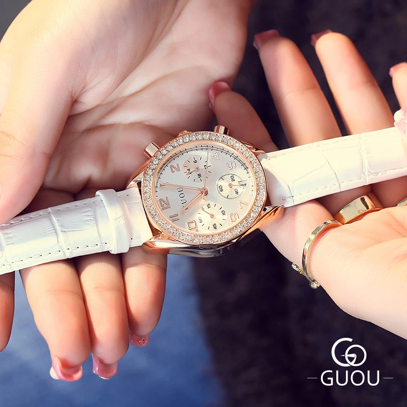 

GUOU Large Dial Quartz Watch for Women Personality Three-eye Diamond Case Leather Belt Ladies Watches Waterproof Auto Date Gift