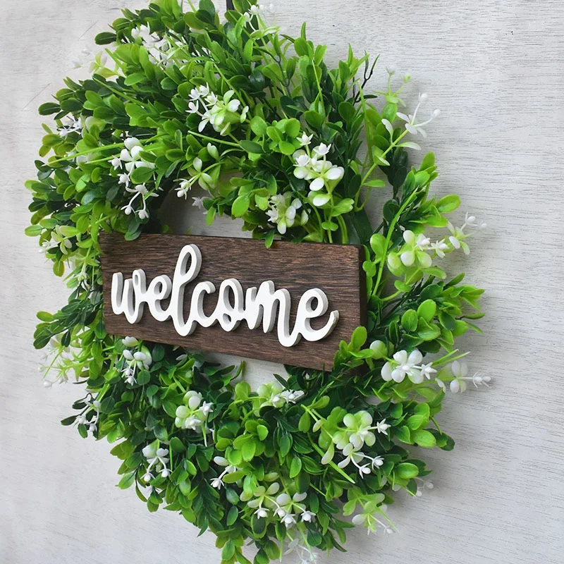 

Artificial Boxwood Wreath,Welcome Wreath with Wooden Welcome Sign Leaf Wreath for Front Door Window Home Decoration