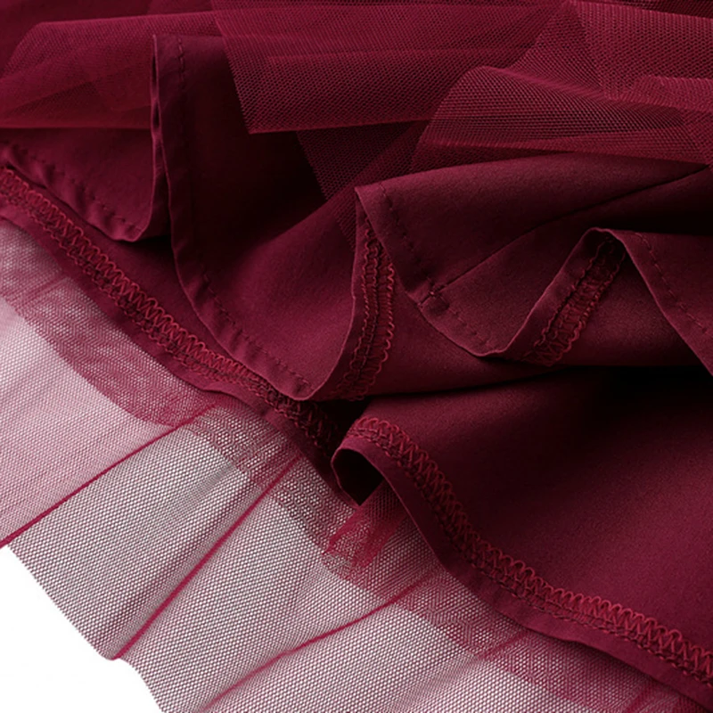 

Womens Sweet Cake Layered Mid Long Mesh Skirts Princess Elastic High Waist Ruffled Vintage Tiered Tulle Pleated Wine Red Skirts