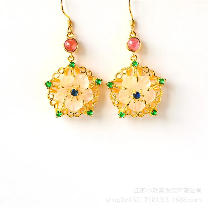 

UBESTNICE Original Design Vintage Plum Flower S925 Hetian Jade Tourmaline Gold Filled For Women Fine Jewelry Drop Hook Earrings