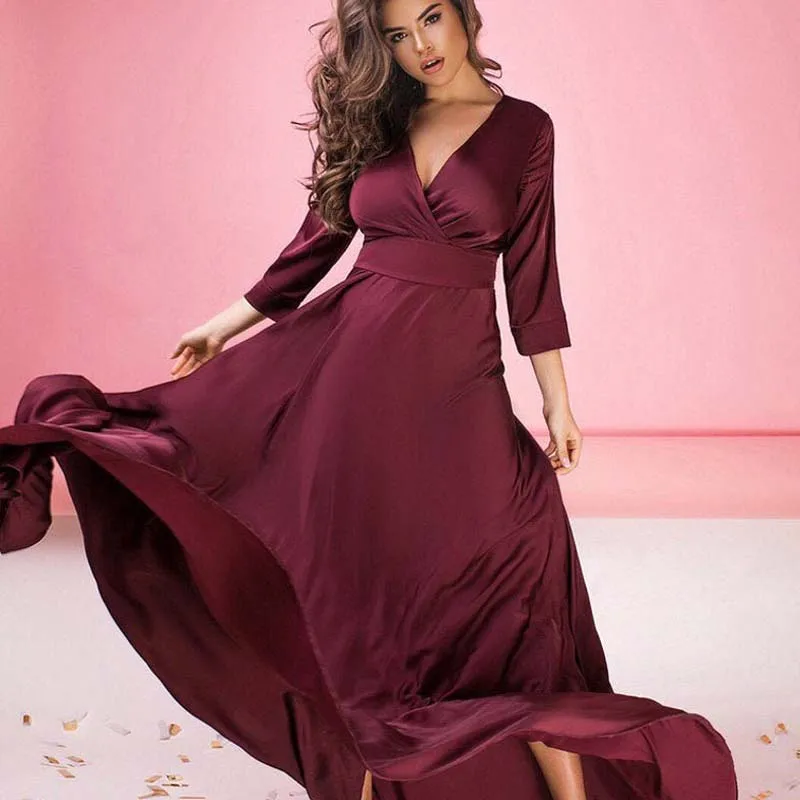 

Long Sleeve Wine Red Evening Dress Long V Neck A Line Dresses Women Party Night Elegant Formal Event Wear Vestidos De Fiesta