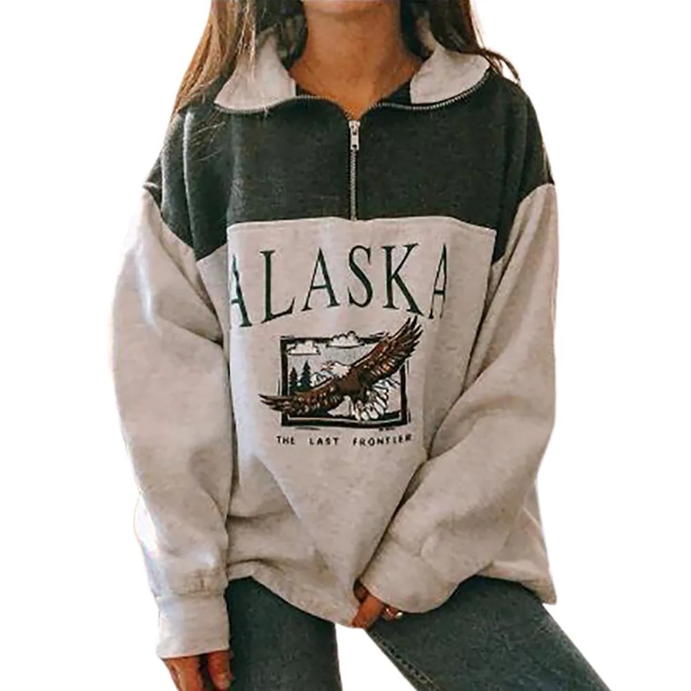 Женский свитшот с воротником-стойкой полумолнией надписью и принтом орла блузка